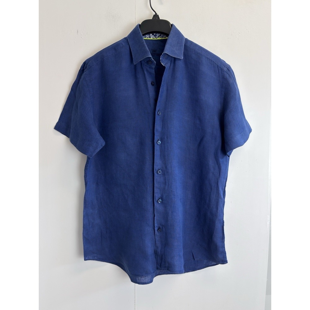 Bertigo Mens Size L 100% Linen Button Down Shirt Blue Short Sleeve Embroidered